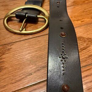 Free People Black Leather Belt Large Round Brass Buckle